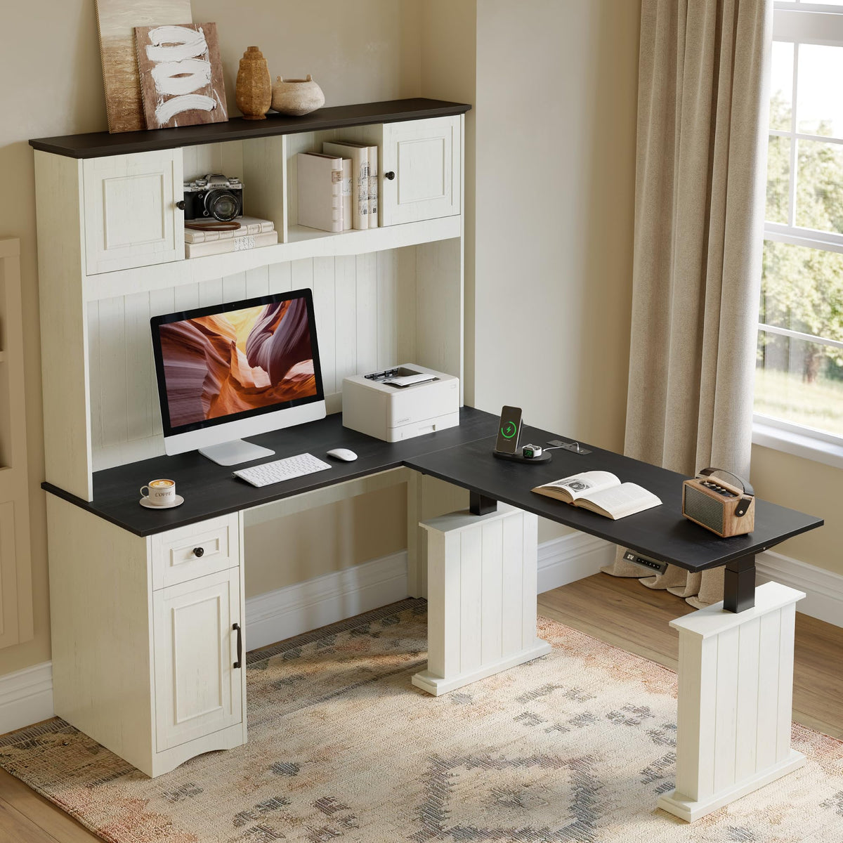 L Shaped Electric Standing Desk with Hutch and Drawers U377