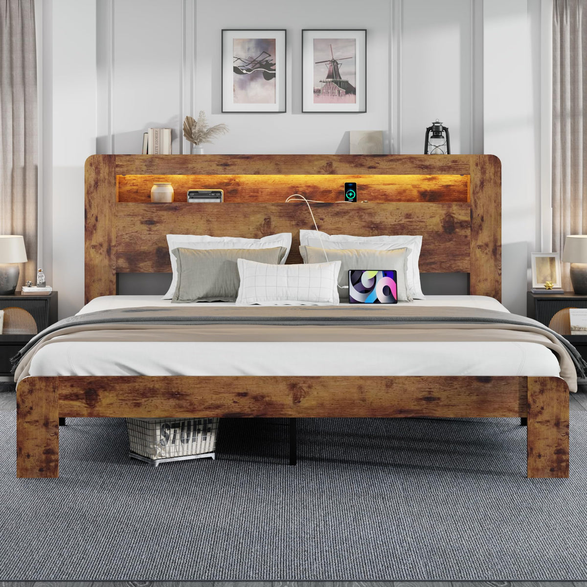 King Size Wooden Bed Frame with Storage Headboard and LED Lights L2752