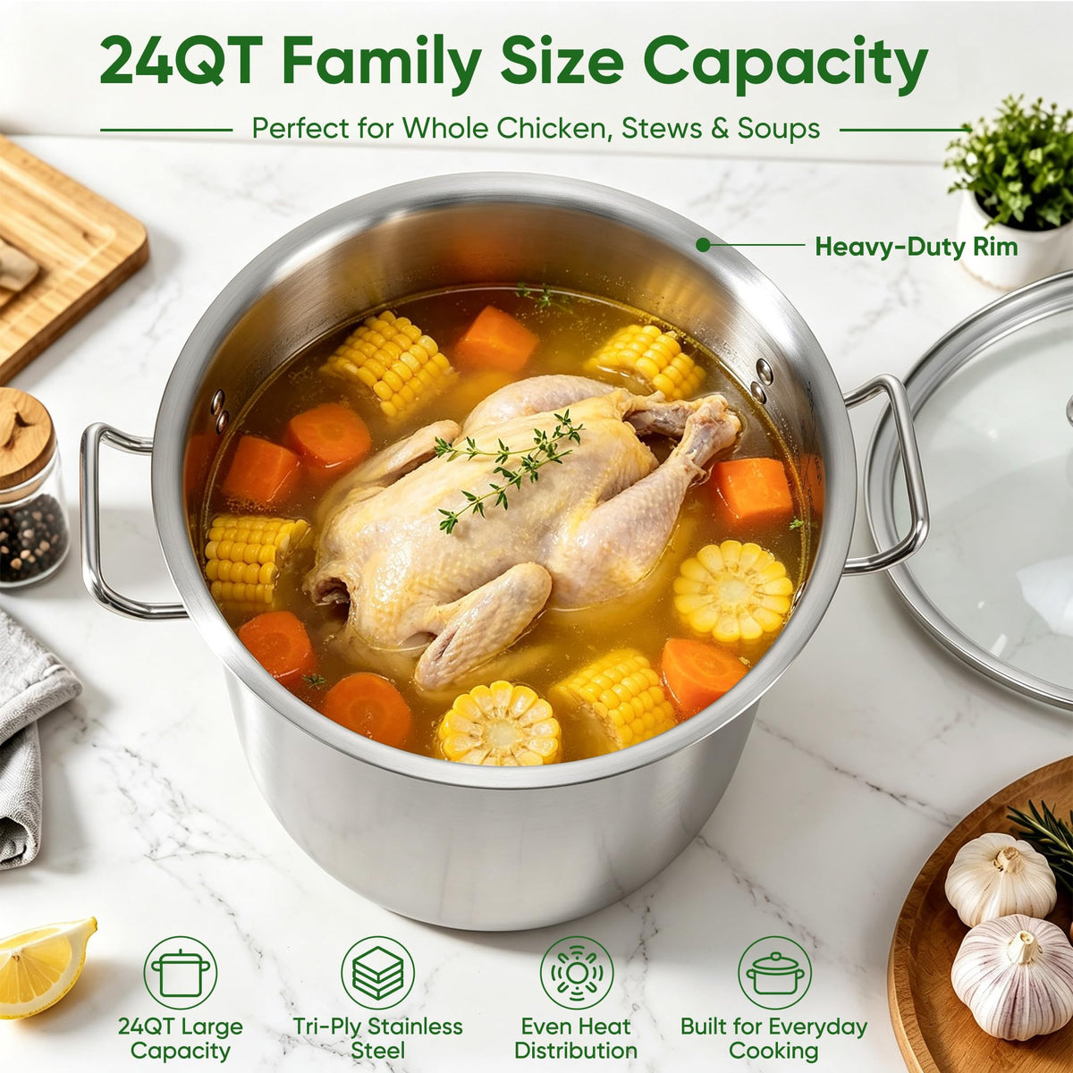 24 Quart Tri-Ply Stainless Steel Stock Pot with Lid E344