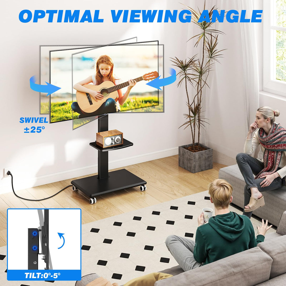 Black Mobile TV Stand 32-75 Inch with Power Outlet and Shelf O9764