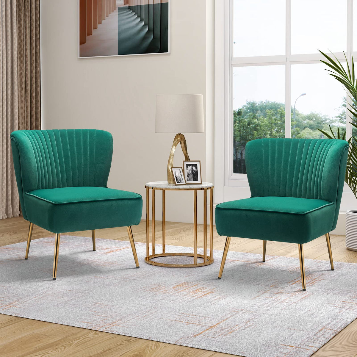 Velvet Accent Chair Set of 2 Emerald Green Wingback Armless Slipper Chair D921207