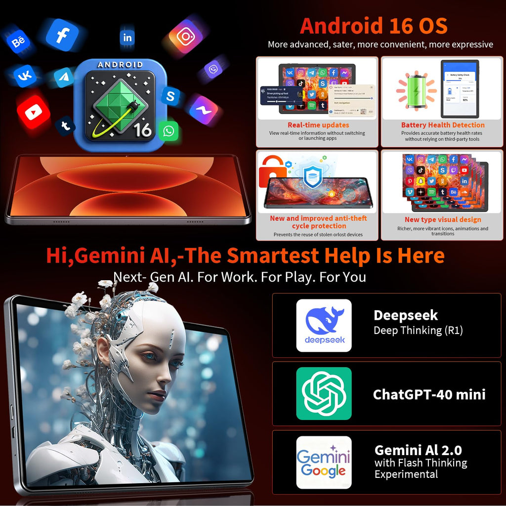Black Android 16 Tablet with Keyboard D8301