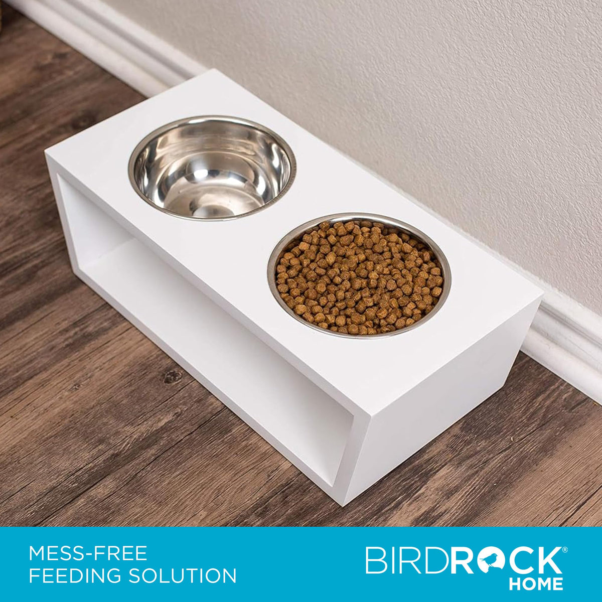 White Double Raised Pet Feeder with Stainless Steel Bowls I568089