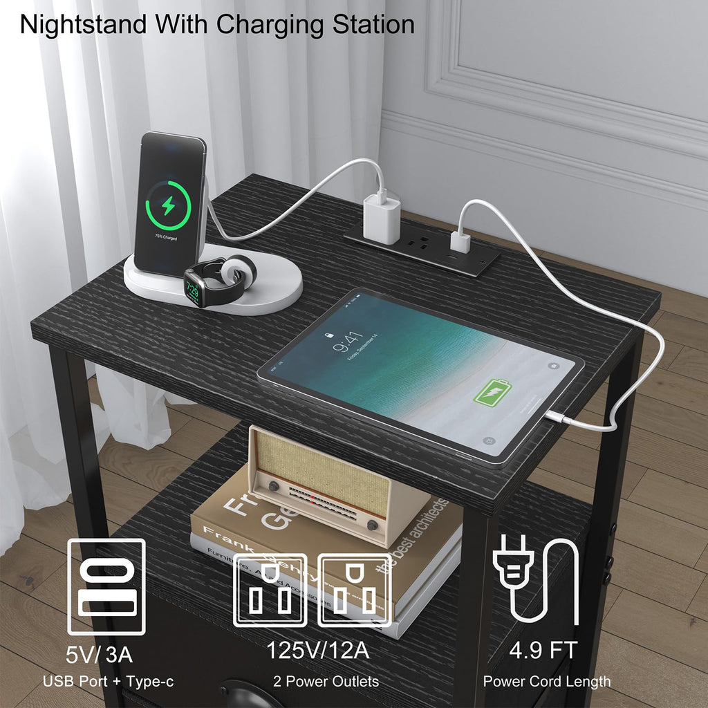 Black Nightstand with Charging Station and 2 Fabric Drawers R396214