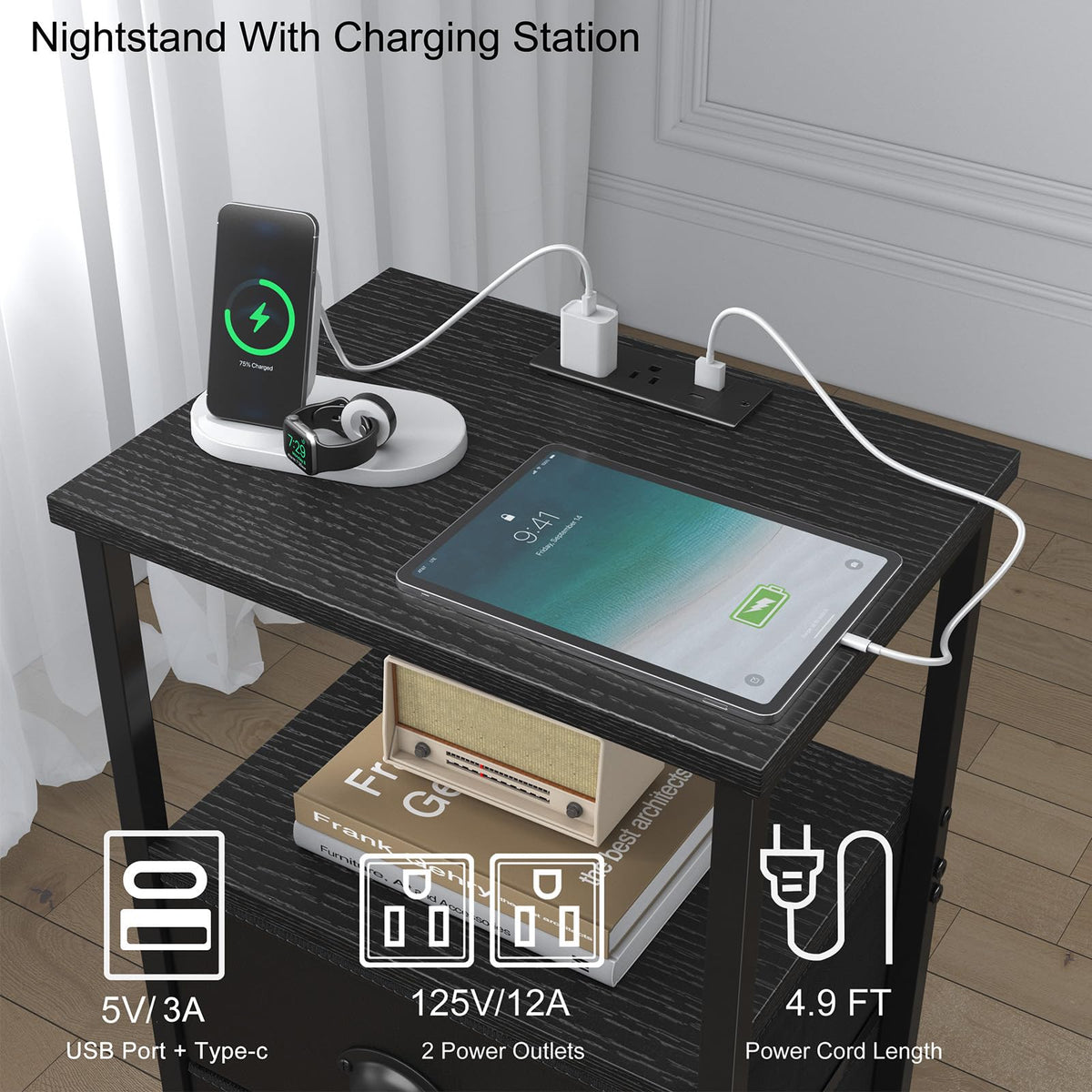 Black Nightstand with Charging Station and 2 Fabric Drawers R396214