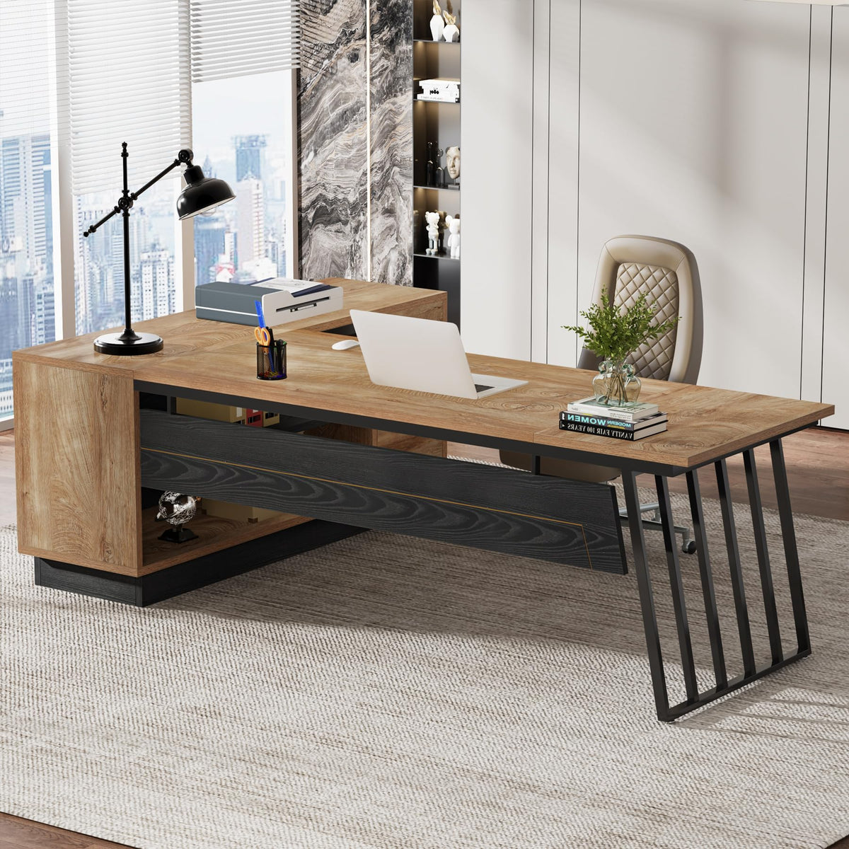 71-Inch L-Shaped Executive Desk with Cabinet Z86443