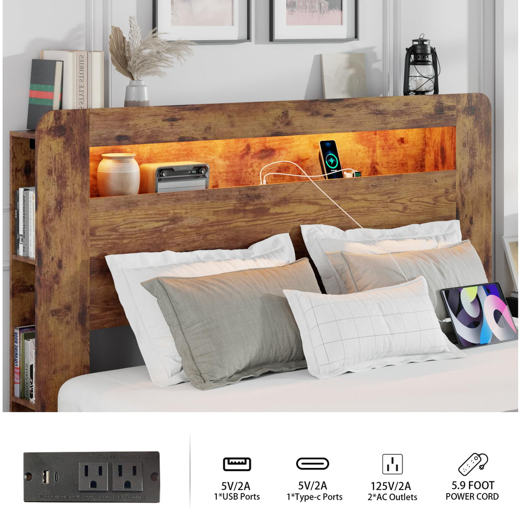 King Size Wooden Bed Frame with Storage Headboard and LED Lights L2752