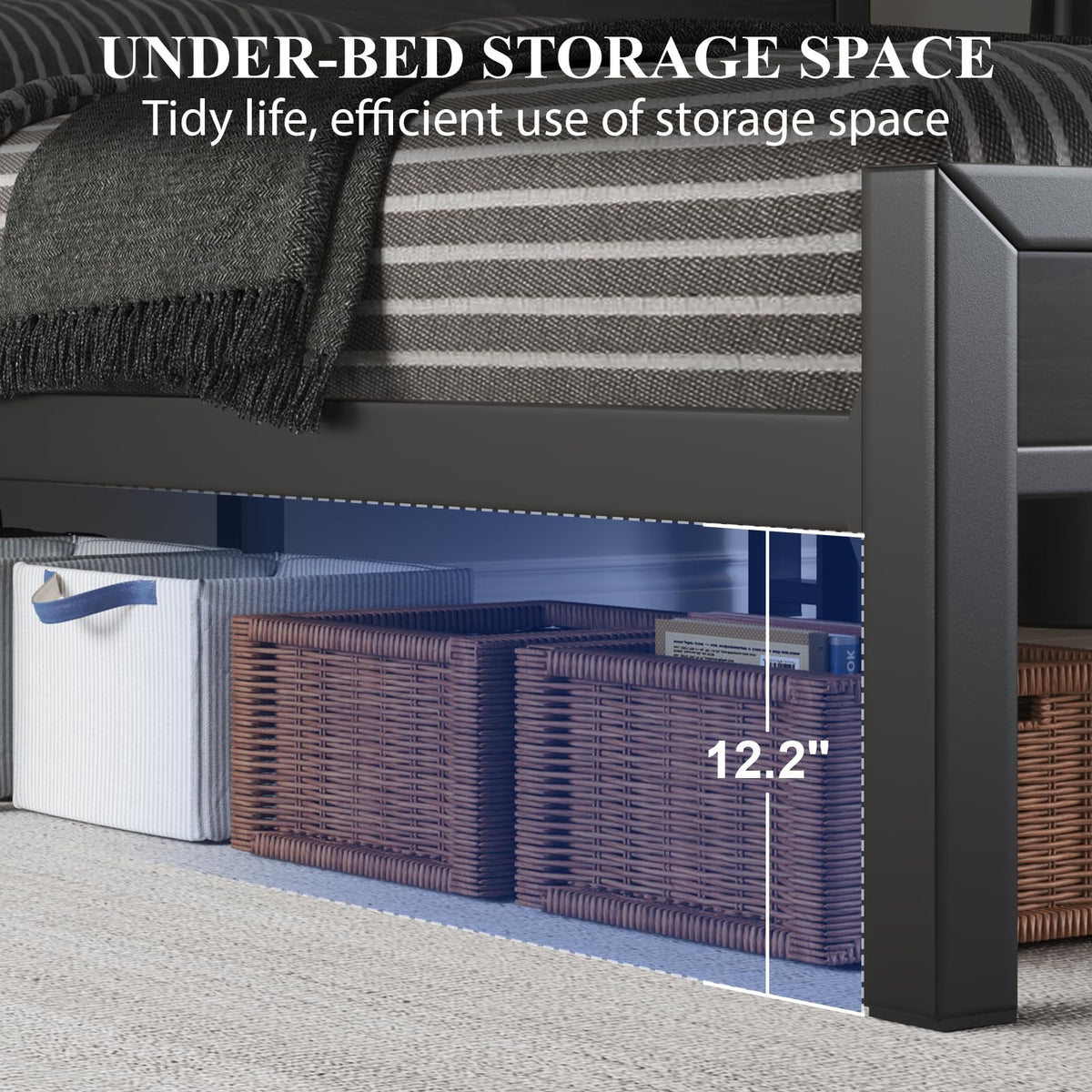 Full Size Bed Frame with Storage Headboard and LED Lights U314