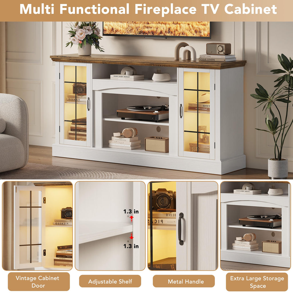 58" White TV Stand with Glass Door Storage Cabinet R6120