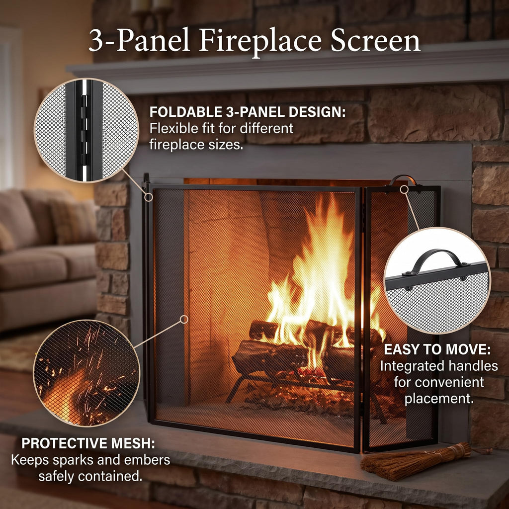 Metal Fireplace Screen 3 Panel Black P12813