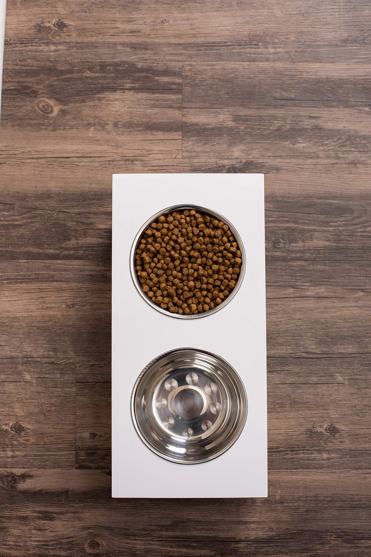 White Double Raised Pet Feeder with Stainless Steel Bowls I568089