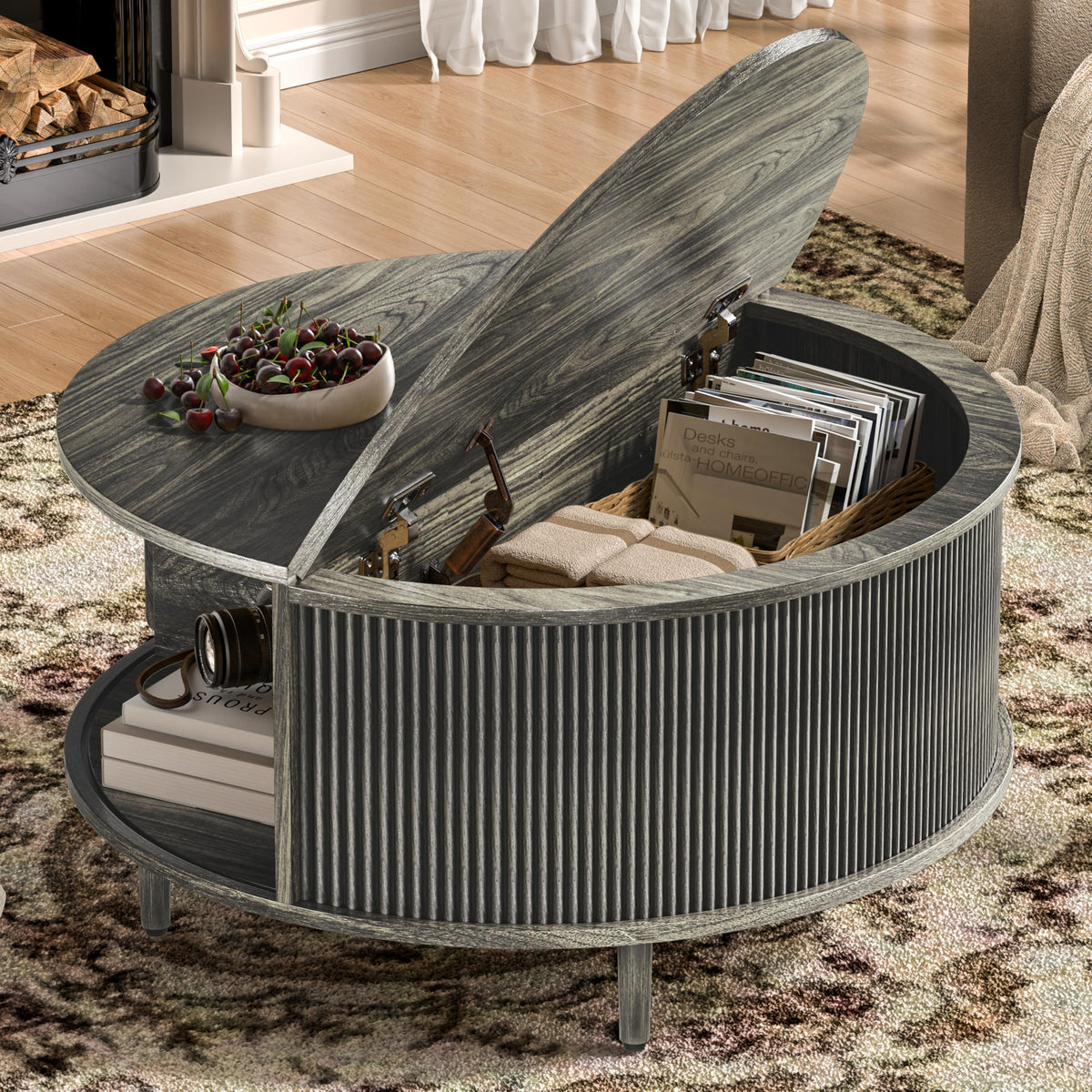 Round Coffee Table, 31.5" Lift-Top with Storage, Grey E406919