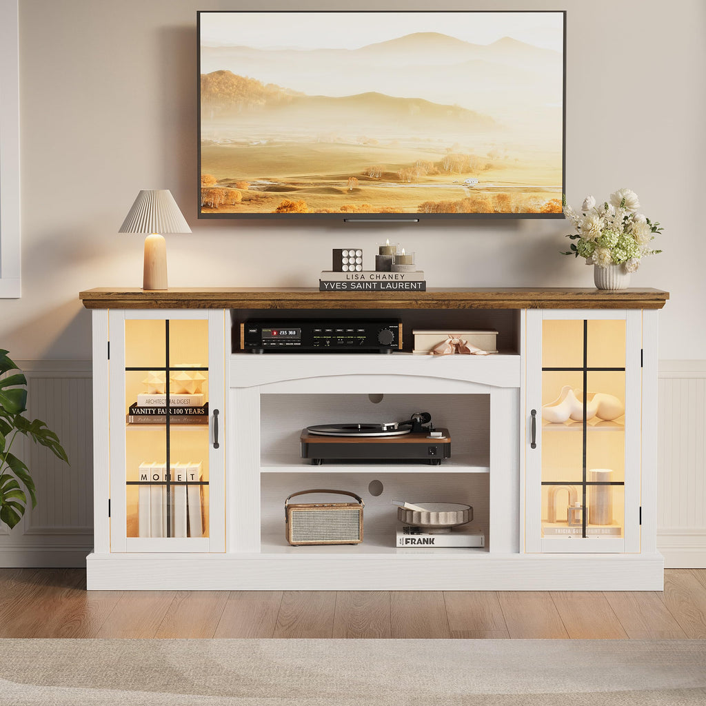 58" White TV Stand with Glass Door Storage Cabinet R6120