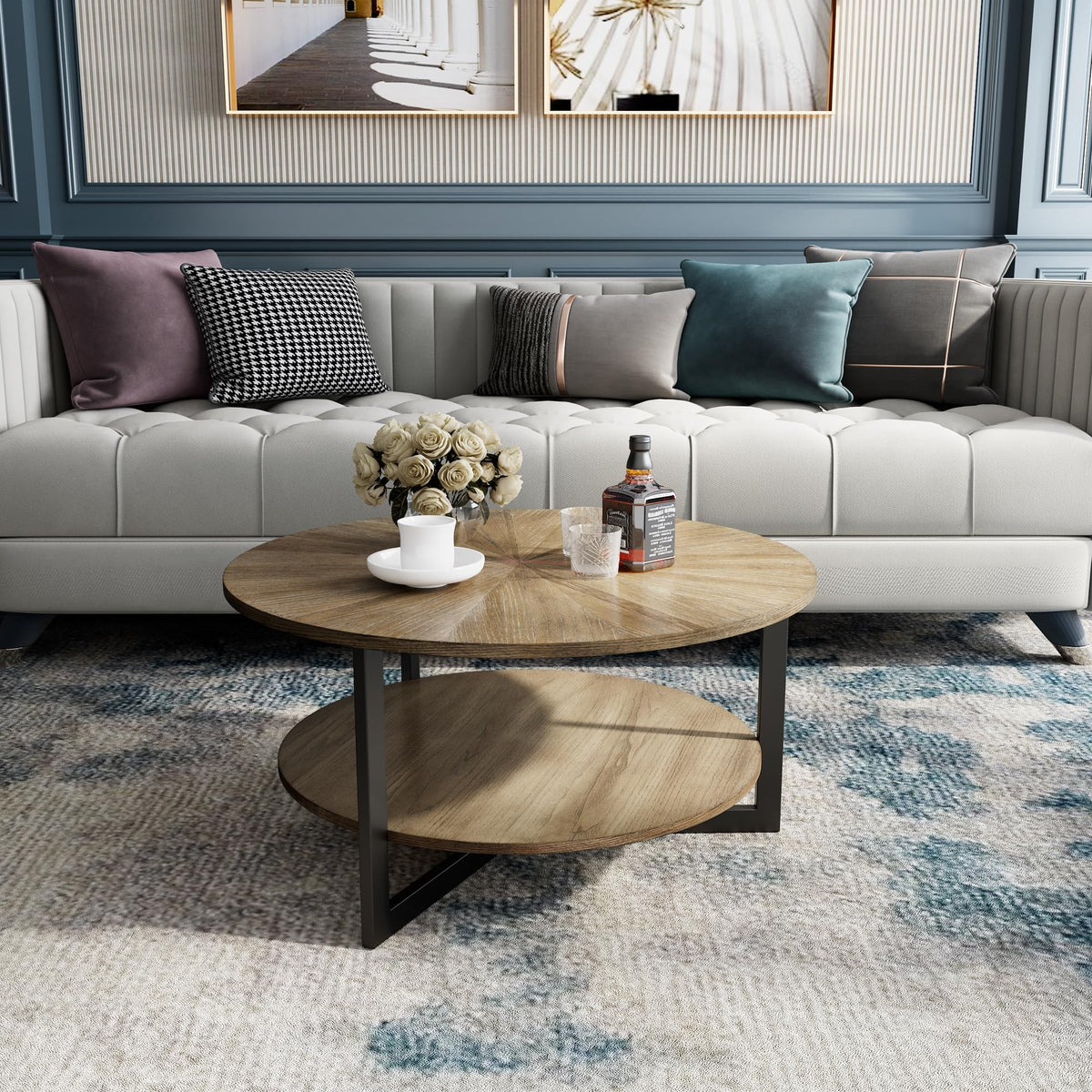 33.5" Round 2-Tier Wood Coffee Table with Storage T836