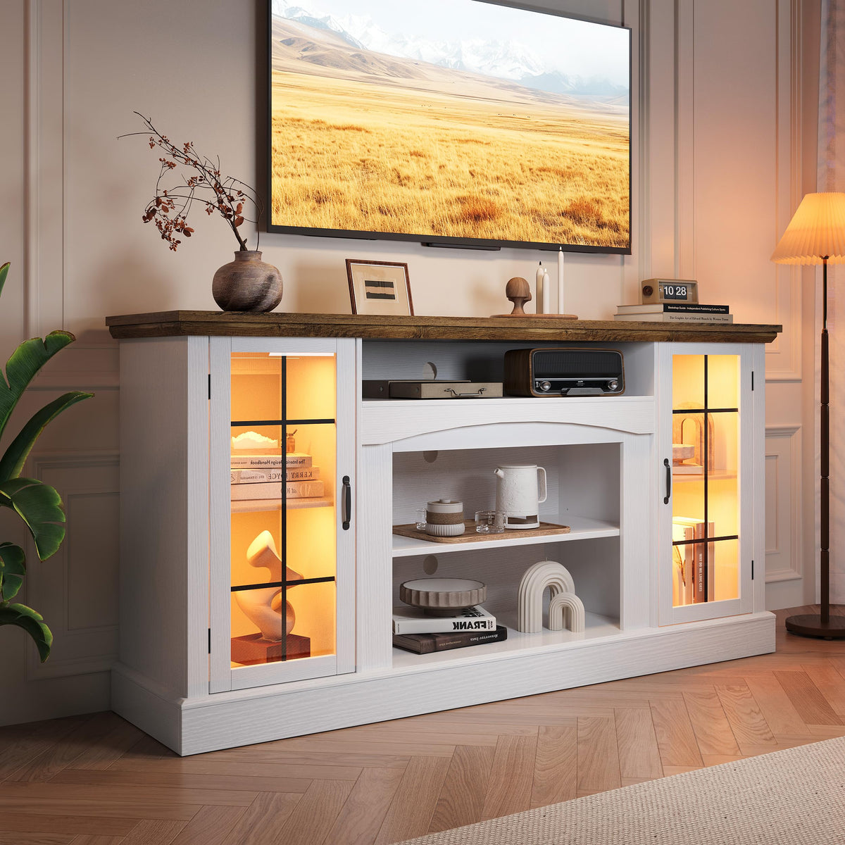 58" White TV Stand with Glass Door Storage Cabinet R6120