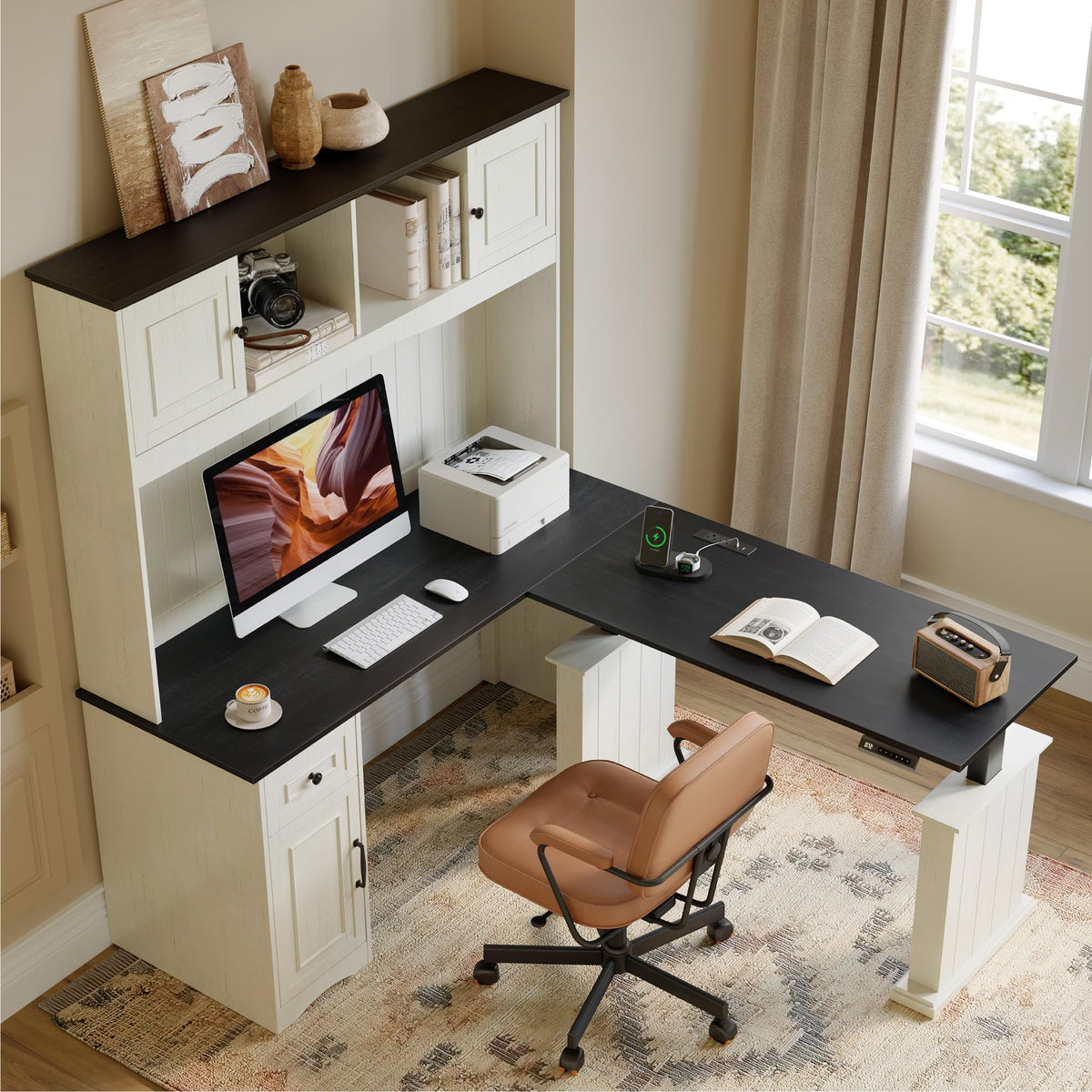 L Shaped Electric Standing Desk with Hutch and Drawers U377