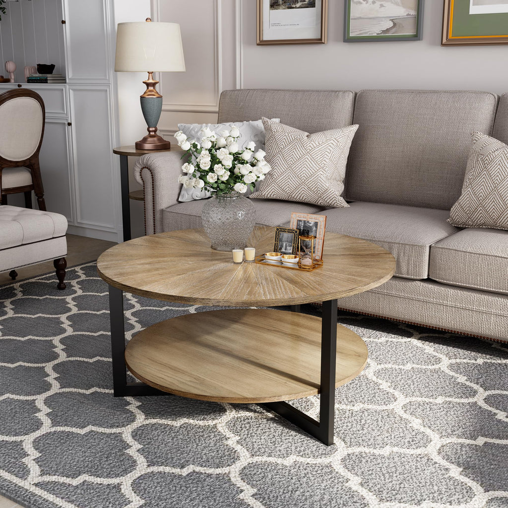 33.5" Round 2-Tier Wood Coffee Table with Storage T836
