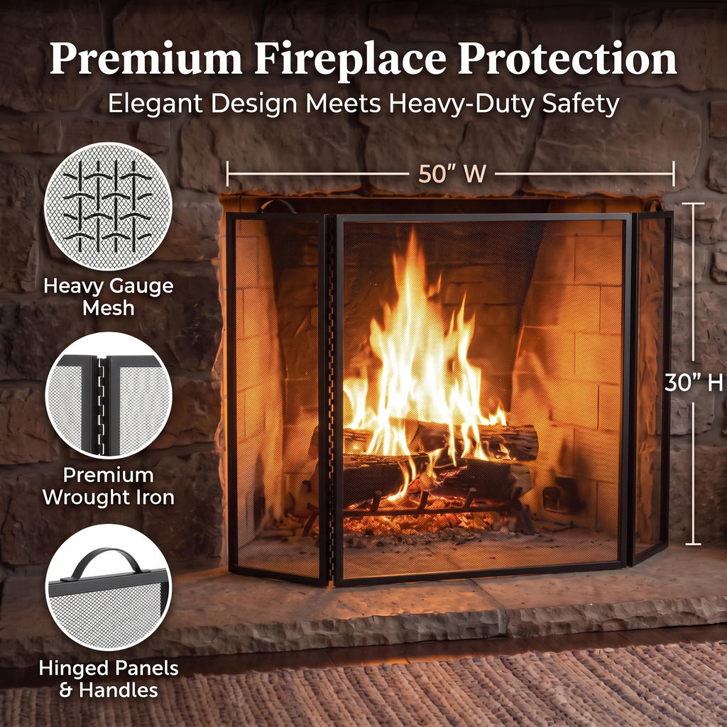 Metal Fireplace Screen 3 Panel Black P12813