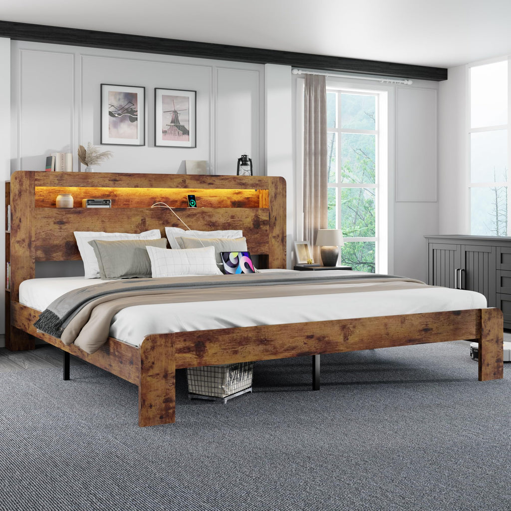 King Size Wooden Bed Frame with Storage Headboard and LED Lights L2752