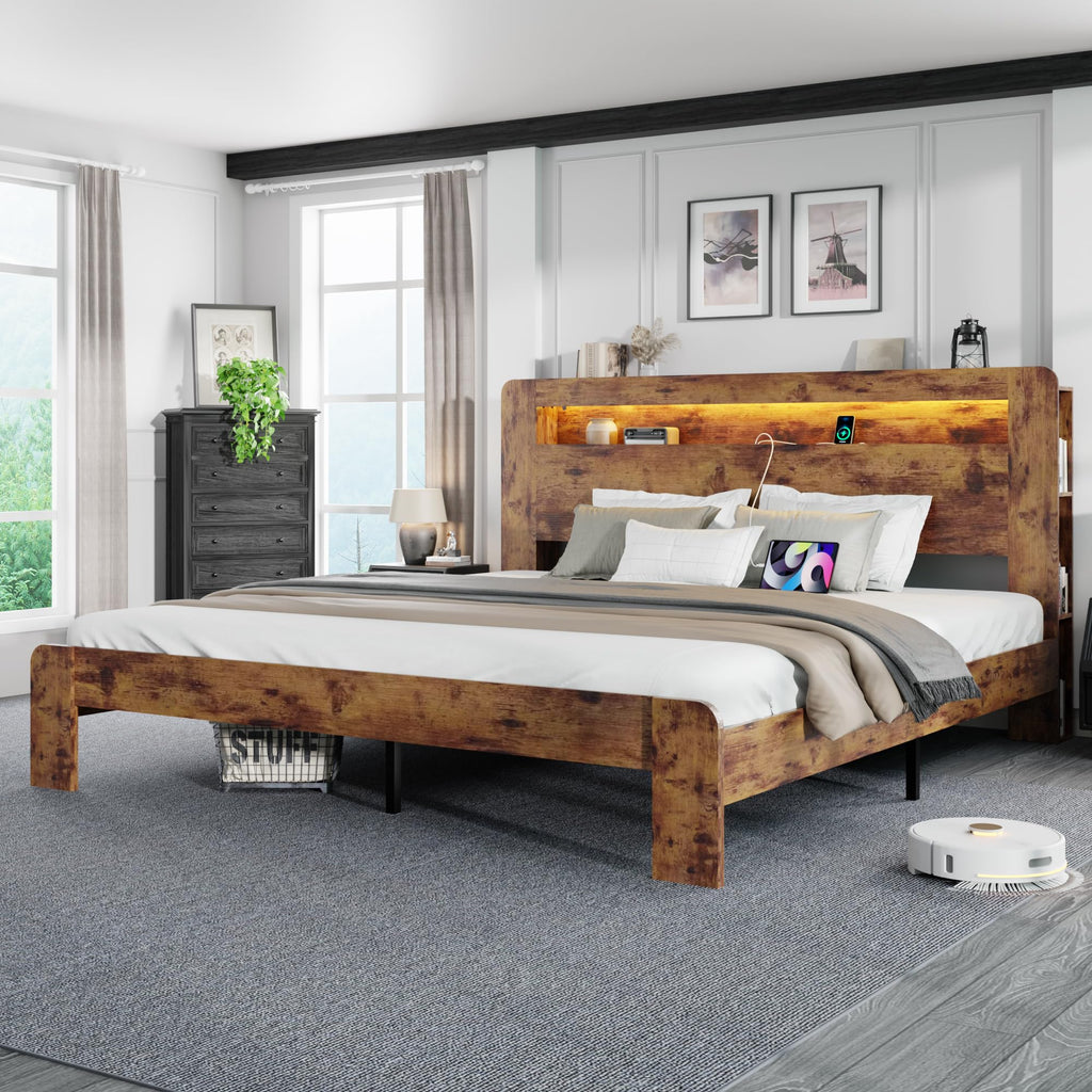 King Size Wooden Bed Frame with Storage Headboard and LED Lights L2752