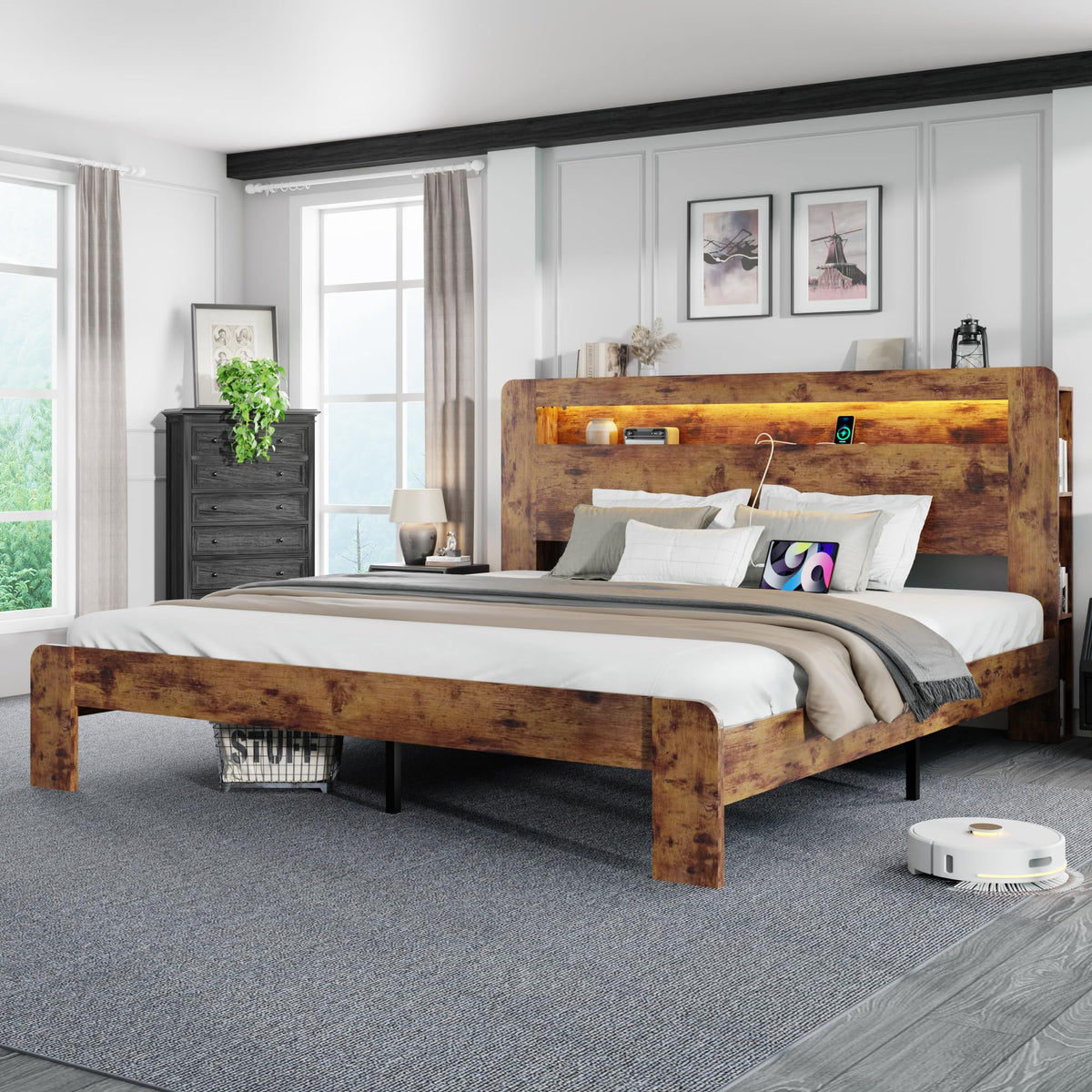 King Size Wooden Bed Frame with Storage Headboard and LED Lights L2752
